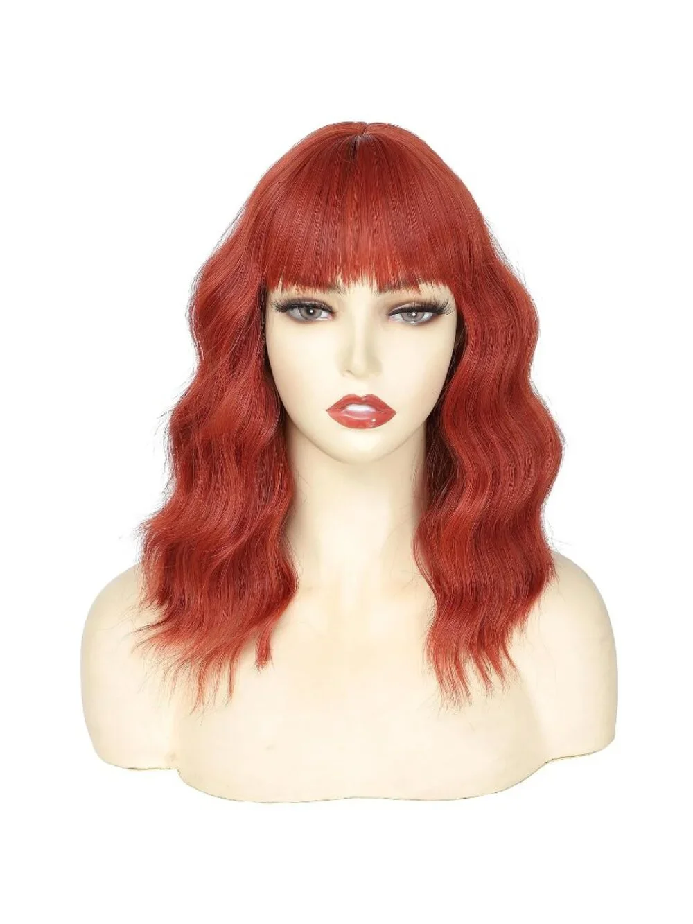 Women's Red 14 Inch Heat Resistant Short Wavy Hair Pastel Bob Wig Bangs